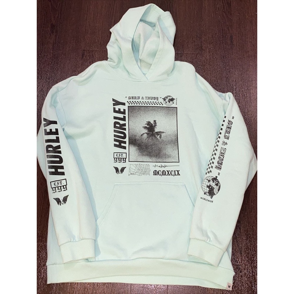 RARE Hurley Worldwide Hoodie Surf & Enjoy Est. 999 Sweatshirt Sea Green Palm